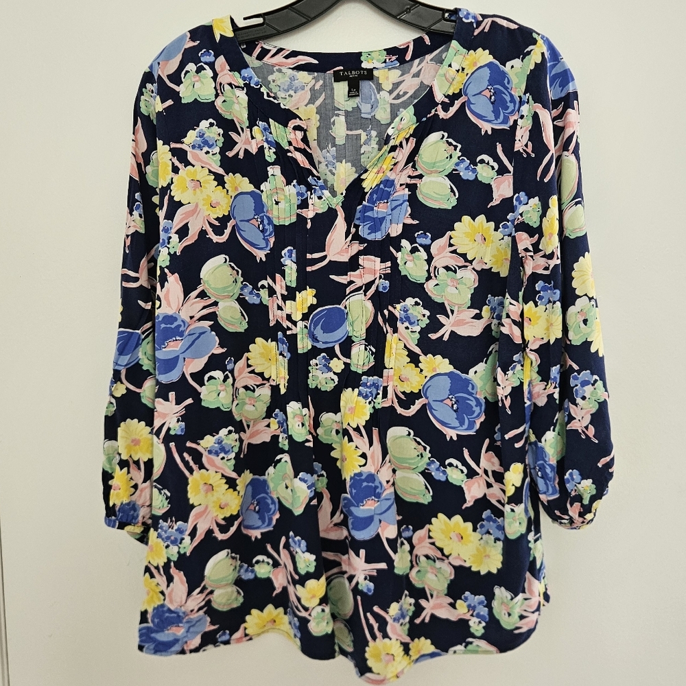 Talbots Womens Top Petite L Lp Floral Cottagecore Boho Colorful Resort Vacation